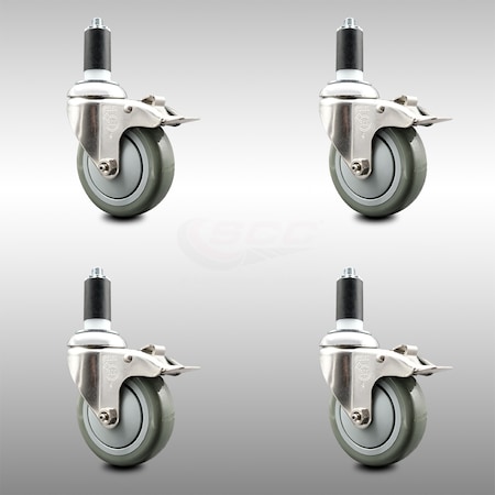 Service Caster 4 Inch 316SS Gray Poly Swivel 1-1/4 Inch Expanding Stem Caster Set Lock Brake SCC-SS316TTLEX20S414-PPUB-114-4